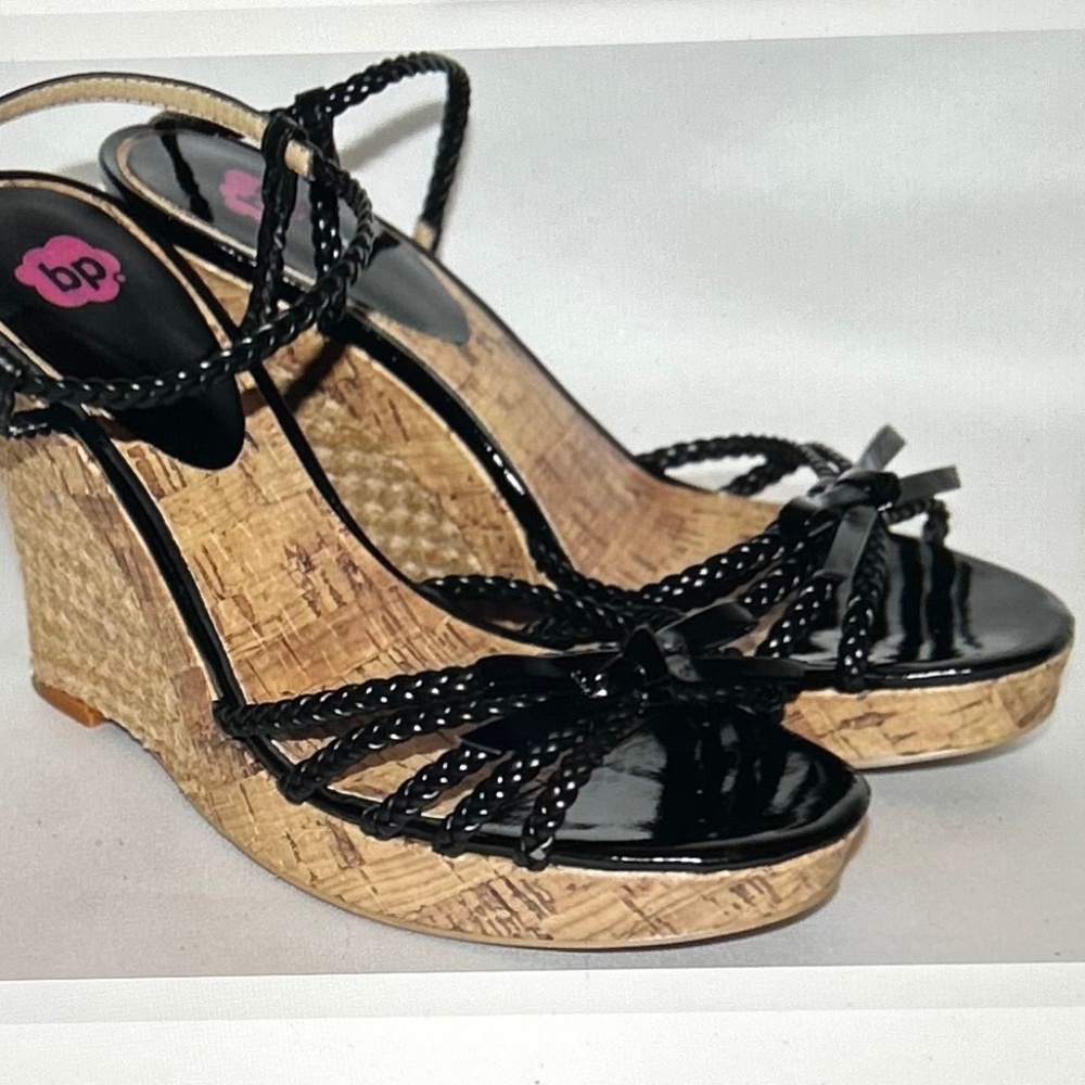 NORDSTROM BP Black Patent Woven Strappy Bow Jute Wedge Heel Sandals, Size 8.5